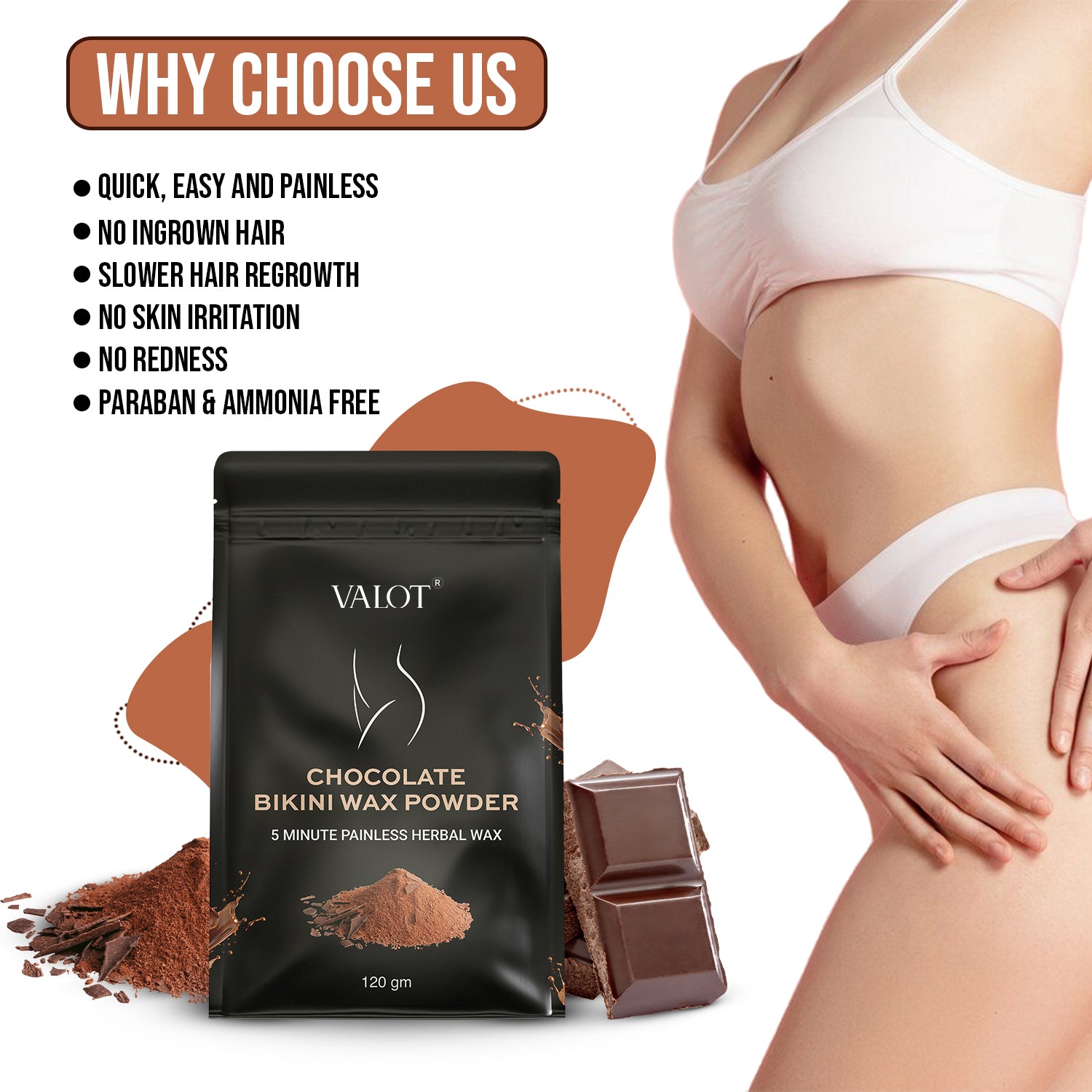 VALOT Bikini Wax Powder Women | Painless Hair Removal With Chocolate, No Harmful Chemicals, No Irritation, No Skin Rashes